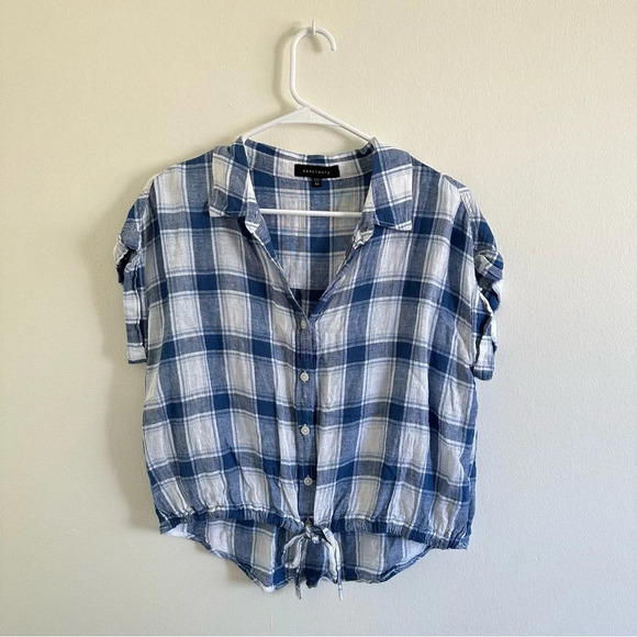Sanctuary linen plaid boxy fit button front blouse XS - Picture 1 of 4